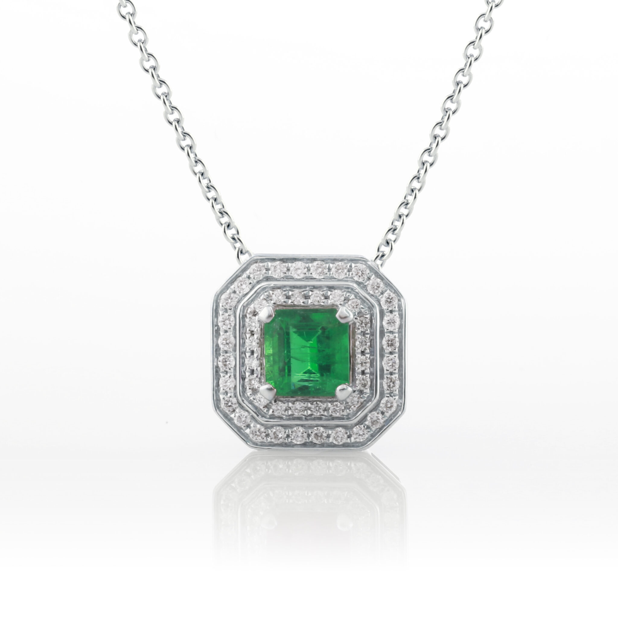 Double halo emerald pendant - Holdsworth Bros
